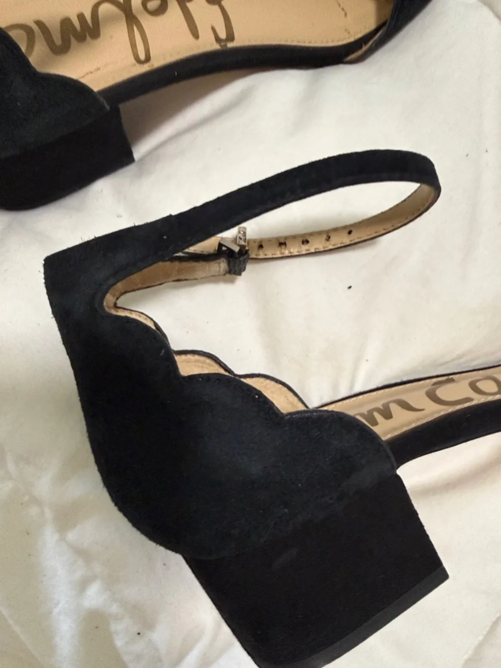 Sam Edelman Black Scallop Suede Ankle-Strap Block Heels - Picture 5 of 6